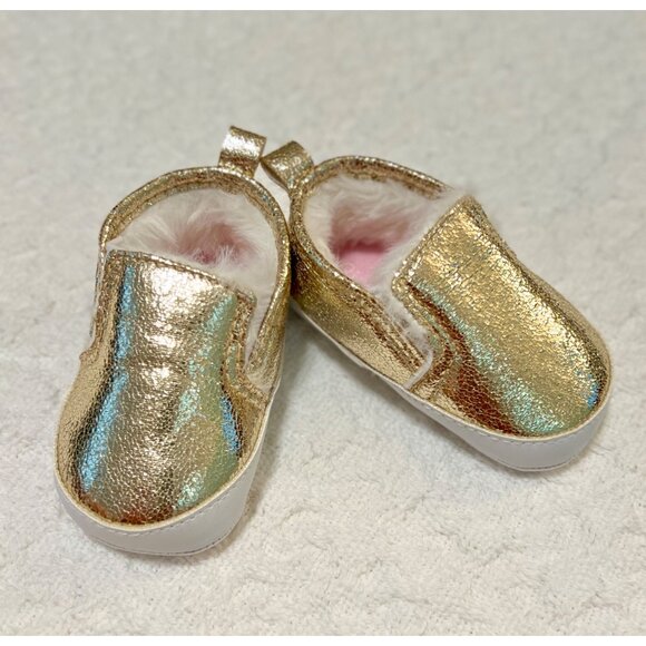 Shiny Gold Baby Crib Shoes With Faux Fur Lining & Soft Sole 3-6 months - Picture 5 of 5